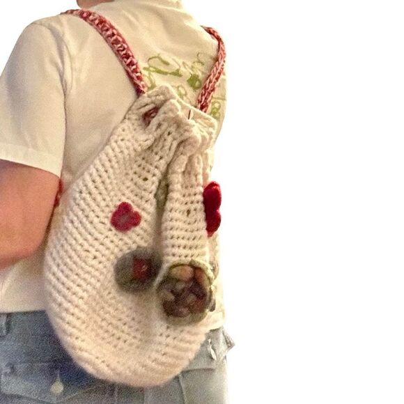 Crochet backpack Vintage Floral Applique Rosettes cream multicolor farm boho main image 6
